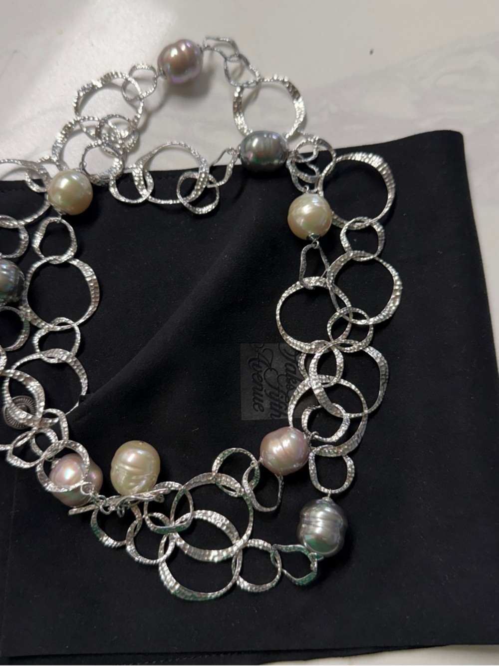 Hammered  Link Necklace with Multi-Tone Pearls